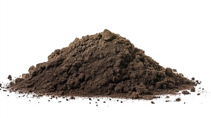 Close-up of dark brown soil mound with small particles and larger particles scattered. Freshly disturbed soil with rich earthy texture. White background highlights soil natural texture.