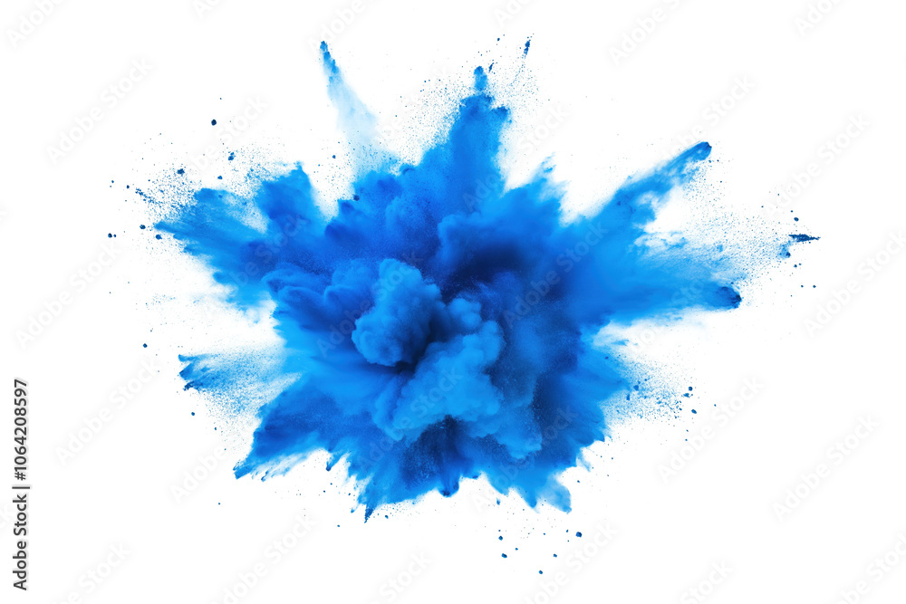 Poster vibrant blue explosion isolated on isolated background. blue particles scattered around explosion, c