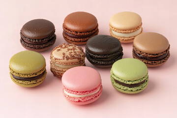 Obraz premium Elegant Macaron Dessert Collection for Culinary Art, Food Photography, and Celebration-Themed Design Projects – Ideal for Bakeries, Cafés, and Gourmet Marketing