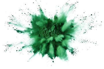 Vibrant green powder explosion on isolated transparent background. Chaotic particles create sense of movement and energy. Flat lay style with dynamic and active scene. Alpha mask.