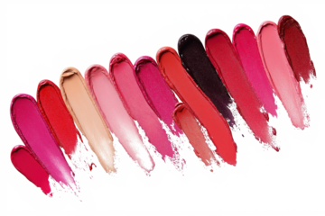 Collection of 12 lipsticks in assorted colors and textures. Vibrant and muted shades on isolated transparent background. Lipsticks arranged in diagonal line. Unique colors and patterns. Alpha mask.