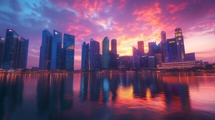 Obraz premium Majestic city skyline at sunset with colorful sky reflections on skyscrapers