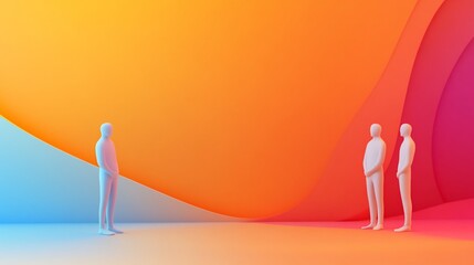 Three white figures standing in a colorful abstract background.
