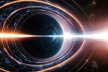 Obraz premium Exploring Stellar Velocity and Dimensional Shifts in Cosmic Drift with Radiant Light Beams Approaching the Event Horizon