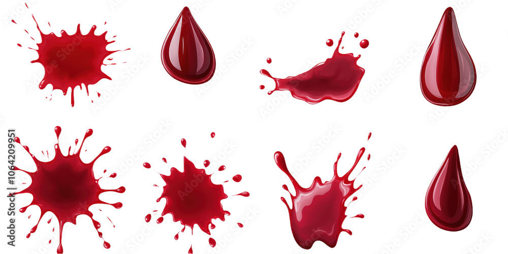 Poster Red blood drop splashes isolated on transparent background. Eight red blood stains vary in size and shape, arranged in grid pattern on isolated background. Dynamic composition with symmetrical design.
