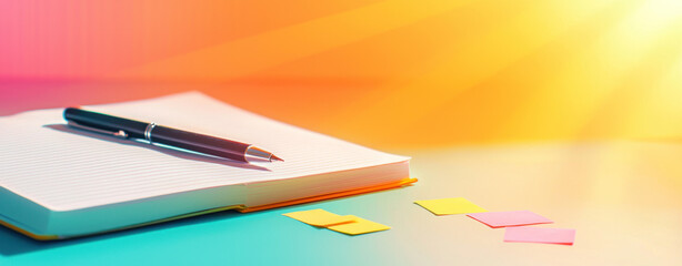 Fototapeta premium close up of open journal with pen and colorful sticky notes, inspiring creativity.