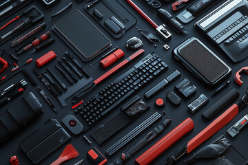 Fototapeta premium Top view of Digital designer toolkit with various tools and software.