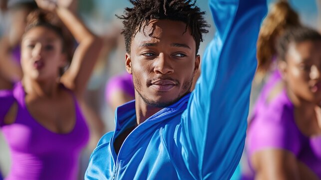 Energetic instructor leading vibrant group in outdoor zumba dance and fitness class