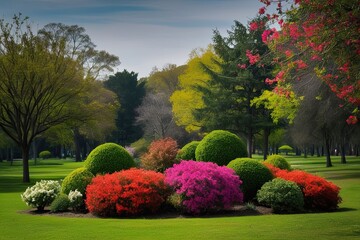 Lush Park Dell Surrounded by Flowering Shrubs and Trees Against Dark Backdrop