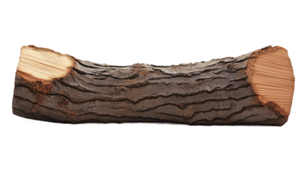 Light brown tree trunk, 12 inches long, rests on gray surface. Single, horizontally oriented log with small circular hole at top. transparent background provides contrast to highlight wood texture.