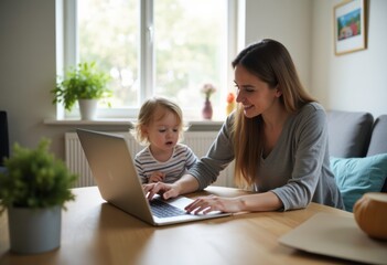 Mother and Child Working Together at Home