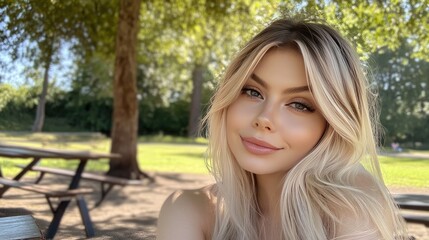Naklejka premium Young Woman Enjoying Nature in Sunny Park