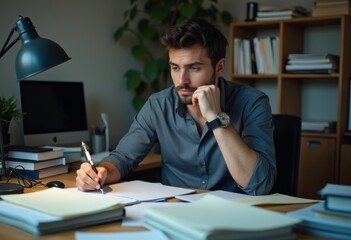 Thoughtful Man Working at Desk in Modern Office