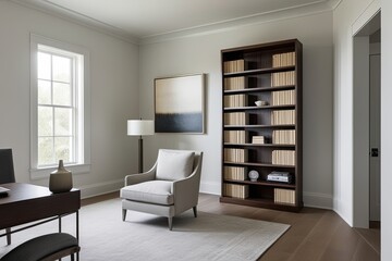 Fototapeta premium Stylish Tall Bookcase and Relaxing Armchair in a Minimalist Home Office Design