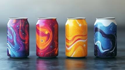 Obraz premium Mockup of aluminum beverage cans, including soda and lemonade, showcasing water drops on a white background.