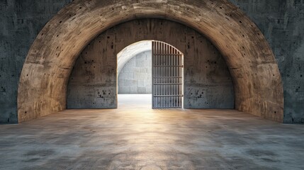 Fototapeta premium Step into a concrete cell with heavy steel doors, where echoes of past stories linger in the still air.