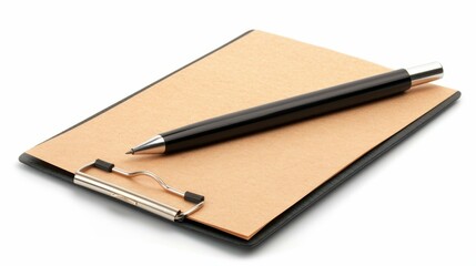 A classic brown paper on a clipboard, isolated against a white background, showcasing a slight page curl for an artistic touch.