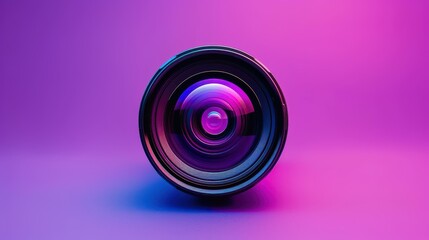A sleek black camera lens stands out against a vibrant purple neon backdrop, highlighting its precision and design.
