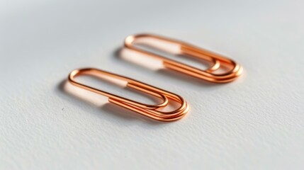 Copper paperclips cast shadows on a bright white table, creating a striking contrast of color and texture.