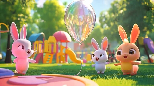 Adorable cartoon bunnies playing with a bubble in a sunny park.