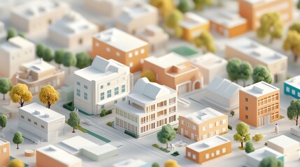 Miniature city model with detailed architecture, surrounded by greenery, depicting urban planning and community design.