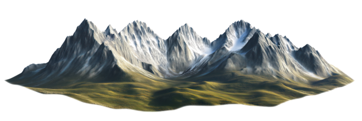 Mountain range with gray and white peaks against light gray background. Diagonal line of mountains with tallest on left and shortest on right. Majestic and imposing appearance from low angle. Isolated