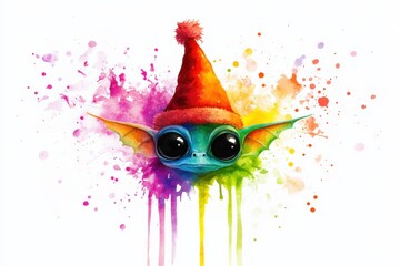 Colorful whimsical character with a festive hat, white isolate background.