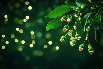 Delicate green leaves and blooms with soft bokeh background.