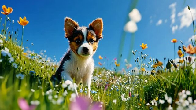 Cute puppy enjoying a sunny day in a field of wildflowers, looking curious and playful.