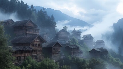 Fototapeta premium Remote mountain village with traditional architecture in foggy weather