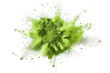 Vibrant green powder explosion in dynamic, energetic scene. Powder particles scattered, creating splatter, splashing, grunge effect. Close-up focus on powder details, green color stands out on white
