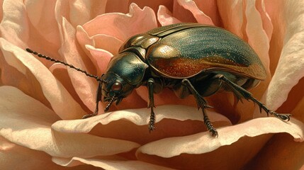 Fototapeta premium A close-up of a metallic green beetle perched on a soft pink rose petal.