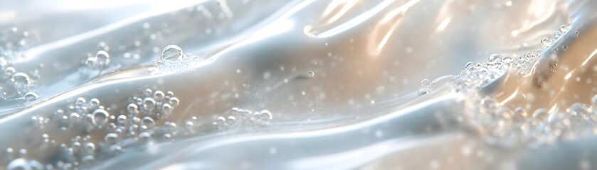 Close-up of water droplets and bubbles on a smooth, rippling surface