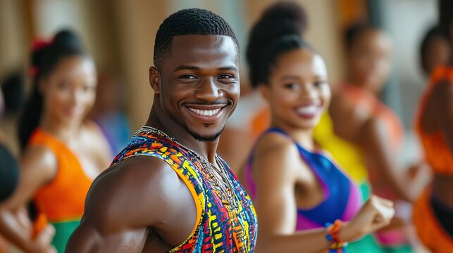 Energetic group of diverse individuals smiling and dancing in a vibrant zumba fitness class