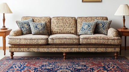 Elegant Floral Sofa with Decorative Pillows and Rug