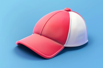 Red and white baseball cap with blue background, isolated close-up