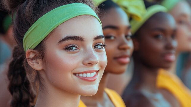 Diverse group of women smiling and dancing in a zumba fitness class with green and yellow attire, expressing joy and energy in movement - zumba dance and fitness class concept