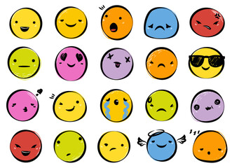 Set of colorful vector emoji illustrations showcasing various emotions. Includes happy, sad, angry, surprised, and playful expressions. Perfect for social media, messaging apps, and creative projects