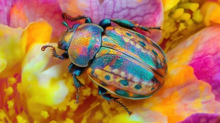 A vibrant iridescent beetle perched on a colorful flower petal.