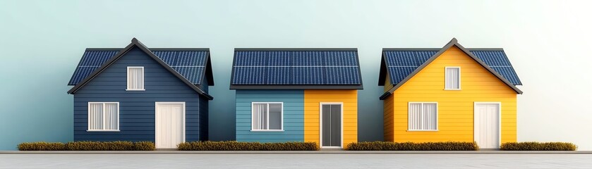 Three colorful modern houses with solar panels on roofs against a clear sky, promoting sustainable energy in residential architecture.