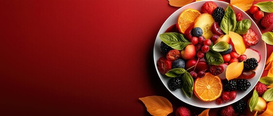 A vibrant assortment of fresh fruits arranged in a bowl, featuring a variety of colors and textures, set against a rich red background.
