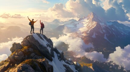 Obraz premium Hikers reaching the top of a mountain and celebrating together