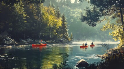 Forest lake with canoes and kayakers enjoying the serene water
