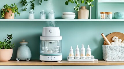 Modern Kitchen with Steam Cooker and Baby Bottles
