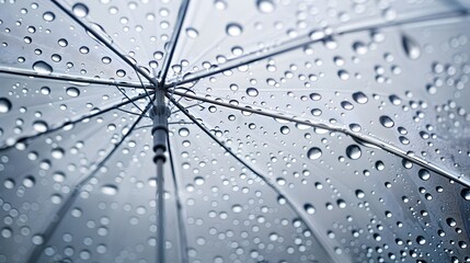 Transparent umbrella under rain against water drops splash background. 