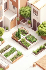 Fototapeta premium Urban garden in a modern neighborhood with raised beds and greenery, promoting sustainability and community engagement.