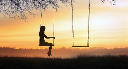Single or divorced woman or girl alone missing a boyfriend or partner, silhouette sitting on a swing at sunset, vector style