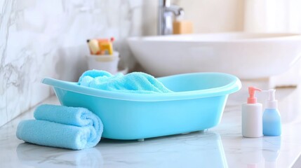 Soft Towels and Baby Bathtub on Marble Surface