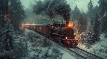 A steam train chugs through a snowy forest, its smoke billowing into the air. The trees are covered in snow and the light from the train's headlights illuminates the tracks ahead.