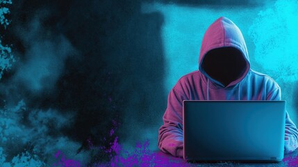 Hooded silhouette of a person hunched over a laptop computer suggesting a hacking or cybercrime activity  The image has a dark ominous atmosphere with a moody futuristic aesthetic